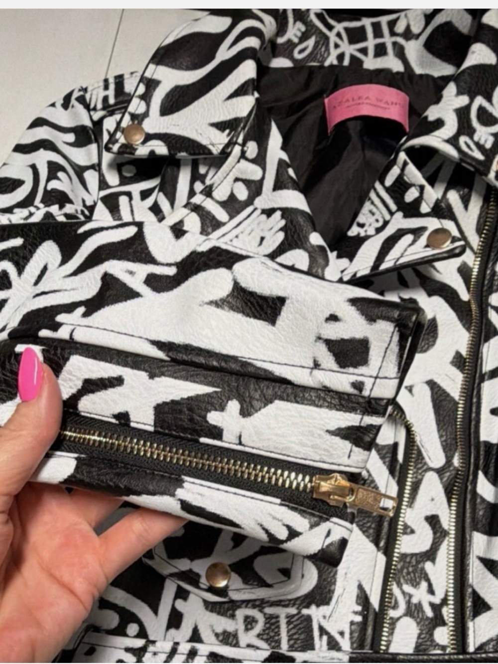 Azalea Wang No Game Graffiti-Print Black & White Faux Leather Moto Jacket. - Picture 5 of 8